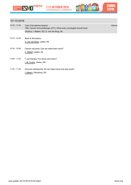 Last Update: 04-10-2016 03:03:23Pm Esmo.Org Type: Educational Session Title: Cancer Immunotherapy (CIT): What Every Oncologist S