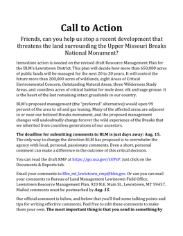 Call to Action Friends, Can You Help Us Stop a Recent Development That Threatens the Land Surrounding the Upper Missouri Breaks National Monument?