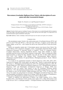 Harvestmen (Arachnida, Opiliones) from Talysh, with Description of a New Genus and Other Taxonomical Changes