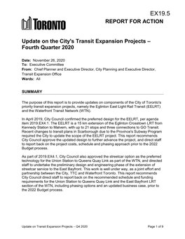 Update on the City's Transit Expansion Projects – Fourth Quarter 2020