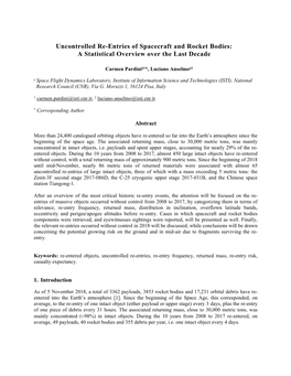 Uncontrolled Re-Entries of Spacecraft and Rocket Bodies: a Statistical Overview Over the Last Decade