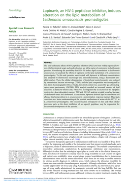 Lopinavir, an HIV-1 Peptidase Inhibitor, Induces Alteration on the Lipid Metabolism of Cambridge.Org/Par Leishmania Amazonensis Promastigotes