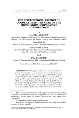 The Internationalisation of Cooperatives: the Case of the Mondragon Cooperative Corporation*