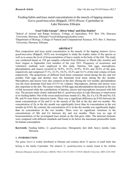 Feeding Habits and Trace Metal Concentrations in the Muscle of Lapping Minnow Garra Quadrimaculata (Rüppell, 1835) (Pisces: Cyprinidae) in Lake Hawassa, Ethiopia