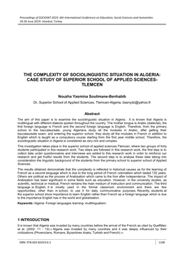 The Complexity of Sociolinguistic Situation in Algeria: Case Study of Superior School of Applied Sciences- Tlemcen