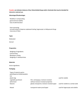 Powders Are Intimate Mixtures of Dry, Finely Divided Drugs And/Or Chemicals That May Be Intended for Internal Or External Use