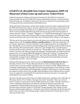 CCC&TI's J.E. Broyhill Civic Center Announces 2009-10 Showcase of Stars Line-Up and Lower Ticket Prices