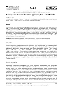 A New Species of Anilios (Scolecophidia: Typhlopidae) from Central Australia