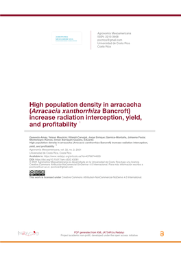 High Population Density in Arracacha (Arracacia Xanthorrhiza Bancroft) Increase Radiation Interception, Yield, and Profitability 1