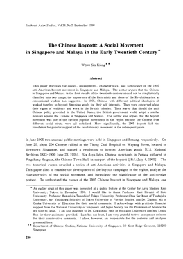 The Chinese Boycott: a Social Movement in Singapore and Malaya in the Early Twentieth Century*