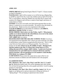 APRIL 2021 SPRING BREAK-Spring Break Begins March 27-April 5. Classes Resume on April 6 (Tuesday). PAJAMA DAY- April Will Be