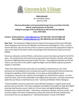 PRESS RELEASE for Immediate Release April 25, 2018 City