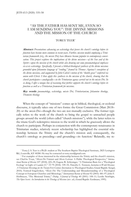 “As the Father Has Sent Me, Even So I Am Sending You”: the Divine Missions and the Mission of the Church