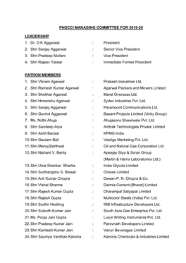 PHDCCI MANAGING COMMITTEE for 2019-20 LEADERSHIP 1. Dr