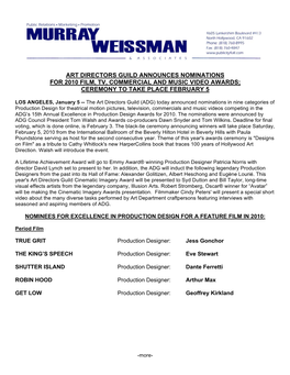 Art Directors Guild Announces Nominations for 2010 Film, Tv, Commercial and Music Video Awards; Ceremony to Take Place February 5