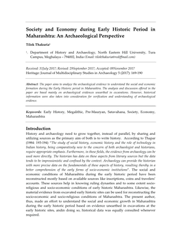 Society and Economy During Early Historic Period in Maharashtra: an Archaeological Perspective