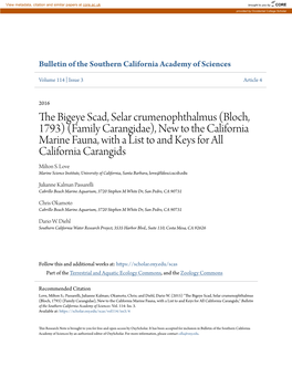 The Bigeye Scad, Selar Crumenophthalmus (Bloch, 1793) (Family Carangidae), New to the California Marine Fauna, with a List to and Keys for All California Carangids