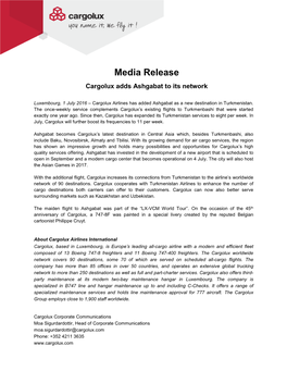 Media Release Cargolux Adds Ashgabat to Its Network