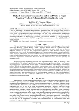 Study of Heavy Metal Contamination on Soil and Water in Major Vegetable Tracks of Pathanamthitta District, Kerala, India