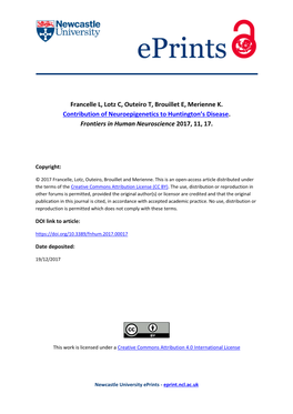 Contribution of Neuroepigenetics to Huntington's Disease