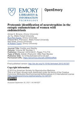 Proteomic Identification of Neurotrophins in the Eutopic Endometrium of Women with Endometriosis Aimee S