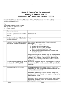 Upton & Coppingford Parish Council Minutes of Meeting Held On