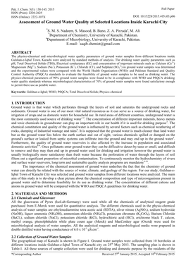 Assessment of Ground Water Quality at Selected Locations Inside Karachi City