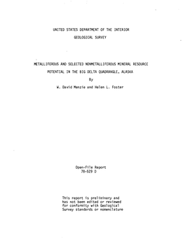 By W. David Menzie and Helen L. Foster Open-File Report 78-529 D This Report Is Preliminary and Has Not Been Edited Or Reviewed