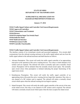 STATE of OHIO DEPARTMENT of TRANSPORTATION SUPPLEMENTAL SPECIFICATION 919 RAILROAD PREEMPTION INTERFACE January 17, 2014 919.01