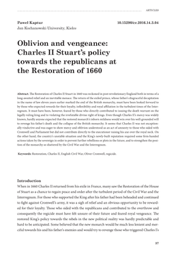 Oblivion and Vengeance: Charles II Stuart's Policy Towards The