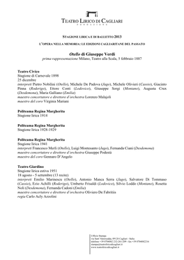 Otello Di Giuseppe Verdi Prima Rappresentazione Milano, Teatro Alla Scala, 5 Febbraio 1887