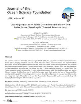 Chromis Pacifica, a New Pacific Ocean Damselfish Distinct from Indian Ocean Chromis Agilis (Teleostei: Pomacentridae)