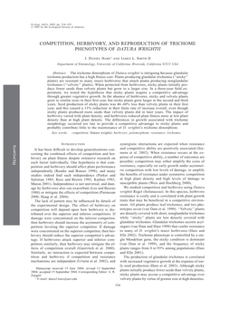 Competition, Herbivory, and Reproduction of Trichome Phenotypes of Datura Wrightii