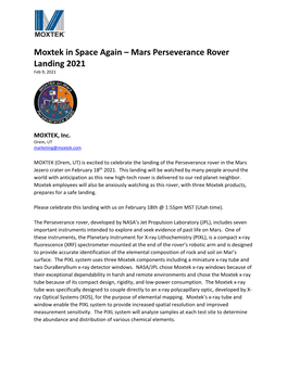 Moxtek in Space Again – Mars Perseverance Rover Landing 2021 Feb 9, 2021