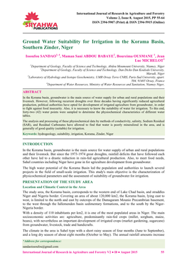 Ground Water Suitability for Irrigation in the Korama Basin, Southern Zinder, Niger