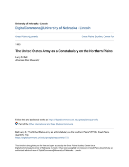 The United States Army As a Constabulary on the Northern Plains