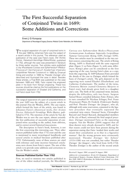 The First Successful Separation of Conjoined Twins in 1689: Some Additions and Corrections