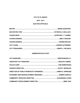 Most Recent Item Fiscal Year 2010-2011 Adopted Municipal Budget