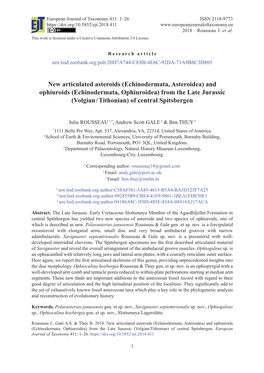 Echinodermata, Asteroidea) and Ophiuroids (Echino Dermata, Ophiuroidea) from the Late Jurassic (Volgian / Tithonian) of Central Spitsbergen