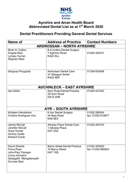 Abbreviated Dental List As at 1St March 2020