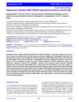 Rapamycin Maintains NAD+/NADH Redox Homeostasis in Muscle Cells