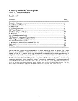 Recovery Plan for Citrus Leprosis Caused by Citrus Leprosis Viruses