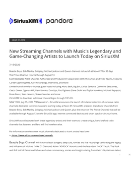 New Streaming Channels with Music's Legendary and Game-Changing Artists to Launch Today on Siriusxm