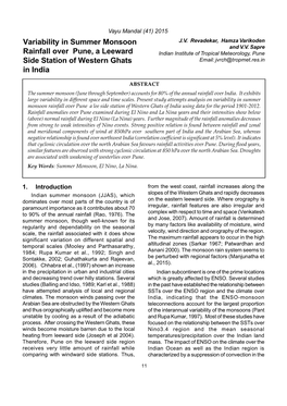 Variability in Summer Monsoon Rainfall Over Pune, a Leeward Side