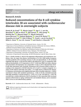 Reduced Concentrations of the B Cell Cytokine Interleukin 38 Are Associated with Cardiovascular Disease Risk in Overweight Subjects