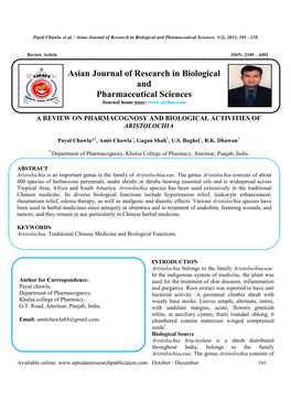 A Review on Pharmacognosy and Biological Activities of Aristolochia