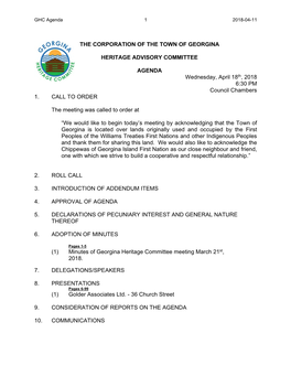 THE CORPORATION of the TOWN of GEORGINA HERITAGE ADVISORY COMMITTEE AGENDA Wednesday, April 18Th, 2018 6:30 PM Council Chambers