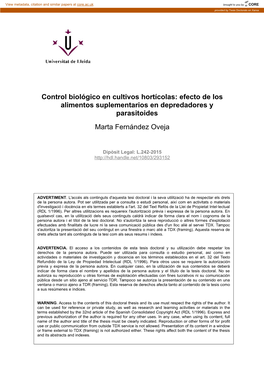 Control Biológico En Cultivos Hortícolas: Efecto De Los Alimentos Suplementarios En Depredadores Y Parasitoides Marta Fernández Oveja