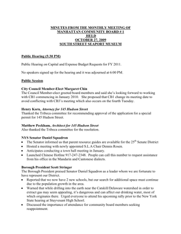 Minutes from the Monthly Meeting of Manhattan Community Board # 1 Held October 27, 2009 South Street Seaport Museum