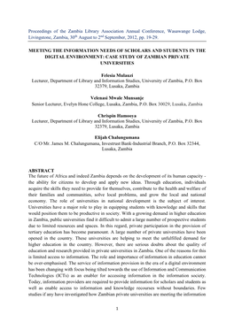 Proceedings of the Zambia Library Association Annual Conference, Wasawange Lodge, Livingstone, Zambia, 30Th August to 2Nd September, 2012, Pp